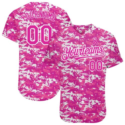 Custom Camo Deep Pink-Black 3D Pink Ribbon Breast Cancer Awareness Month Women Health Care Support Authentic Baseball Jersey
