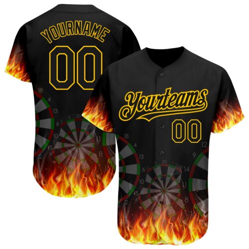 3DPattern1516 Custom Black Gold 3D Pattern Design Flame Dart Board Authentic Baseball Jersey