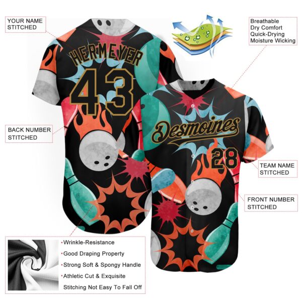 Custom Black Old Gold 3D Pattern Design Bowling Authentic Baseball Jersey