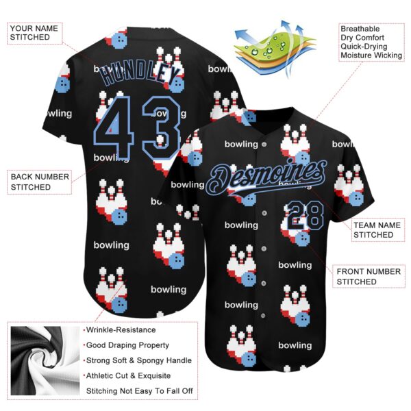 Custom Black Light Blue 3D Pattern Design Bowling Authentic Baseball Jersey
