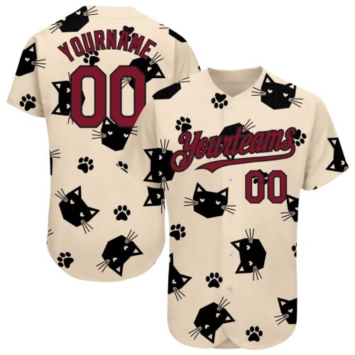 3DPattern1561 Custom Cream Crimson-Black 3D Pattern Design Cat Authentic Baseball Jersey