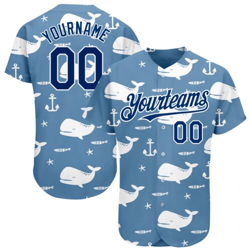 3DPattern1570 Custom Light Blue US Navy Blue-White 3D Pattern Design Whale Authentic Baseball Jersey