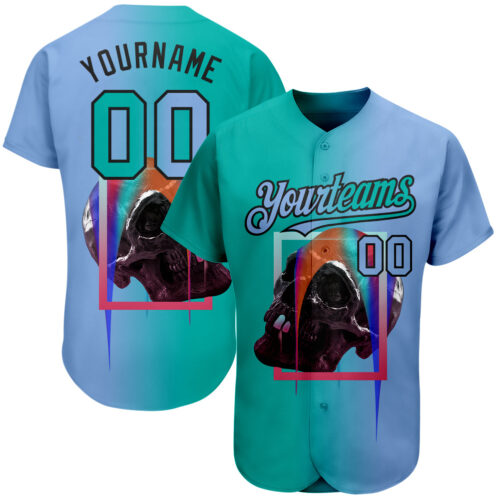 3DPattern1595 Custom Light Blue Aqua-Black 3D Skull Gradient Fashion Authentic Baseball Jersey