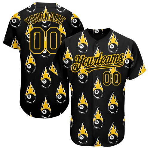 3DPattern1651 Custom Black Gold 3D Pattern Design Flaming Billiards Snooker 8 Ball Authentic Baseball Jersey