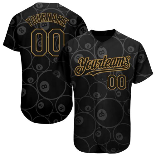 3DPattern1659 Custom Black Old Gold 3D Pattern Design Billiards Snooker 8 Ball Authentic Baseball Jersey