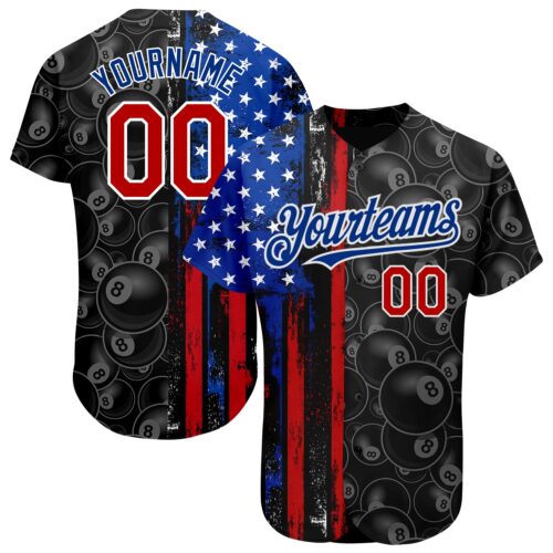 3DPattern1665 Custom Black Red-Royal 3D Pattern Design Billiards Snooker 8 Ball American Flag Authentic Baseball Jersey
