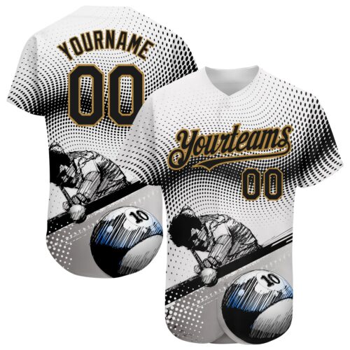 3DPattern1668 Custom White Black-Old Gold 3D Pattern Design Billiards Authentic Baseball Jersey