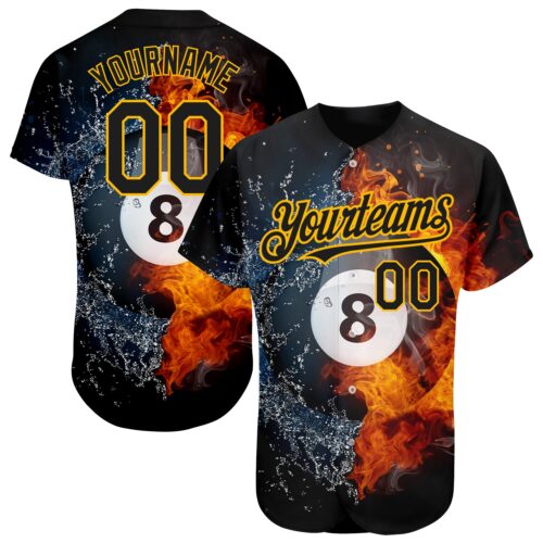 3DPattern1673 Custom Black Gold 3D Pattern Design Billiards Snooker 8 Ball Authentic Baseball Jersey