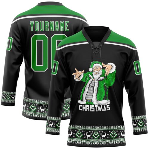 3DPattern1885_dfa288d3-bd83-4b81-8f57-3ffefbb0bb55 Custom Black Grass Green-White Christmas Santa Claus 3D Hockey Lace Neck Jersey