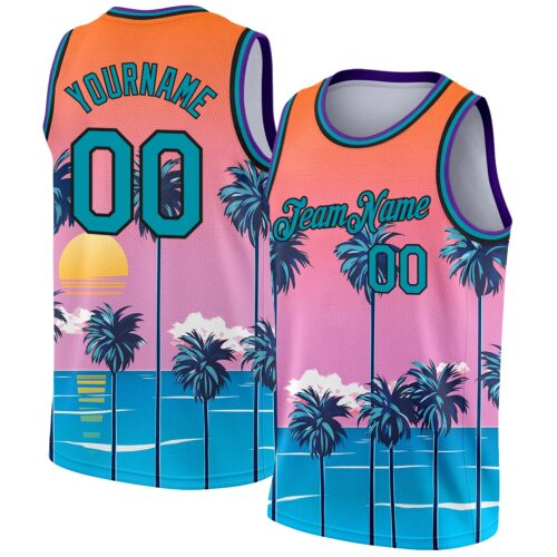 3DPattern1932 Custom Orange Teal-Black 3D Pattern Sun Beach Hawaii Palm Trees Authentic Basketball Jersey