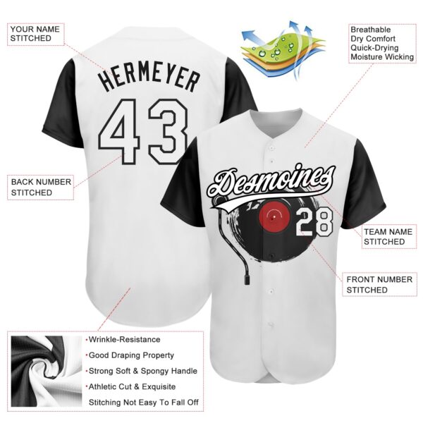 Custom White Black 3D Pattern Design Music Festival Vintage Vinyl Record Authentic Baseball Jersey