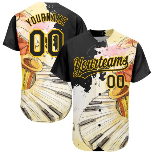 3DPattern1966 Custom White Black-Yellow 3D Pattern Design Music Festival Watercolor International Jazz Day Authentic Baseball Jersey