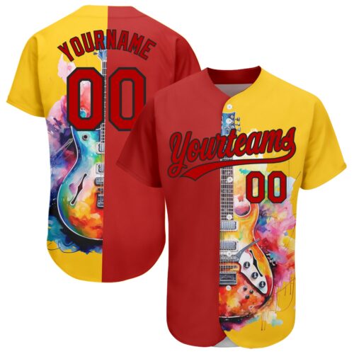 3DPattern1970 Custom Yellow Red-Black 3D Pattern Design Music Festival Watercolor Guitar Authentic Baseball Jersey