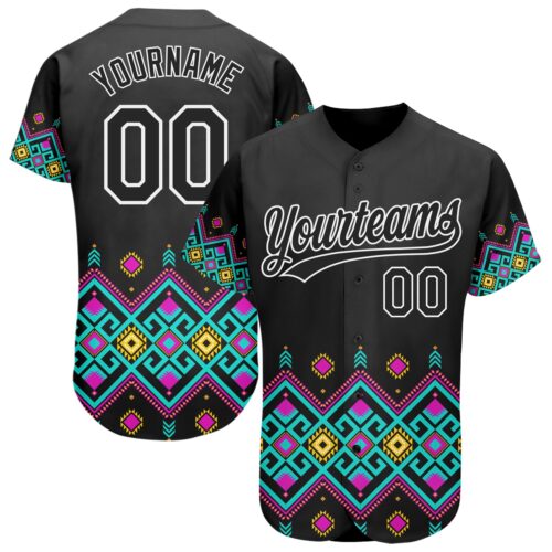3DPattern2004_cb6c5ac0-0fff-4641-95c9-e440a9fb4768 Custom Black White 3D Pattern Design Traditional African Ethnic Style Authentic Baseball Jersey