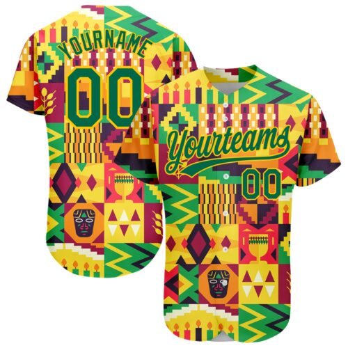 3DPattern2006 Custom Yellow Kelly Green 3D Pattern Design African Happy Kwanzaa Authentic Baseball Jersey