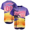 Custom Purple Neon Pink-White 3D Pattern Design Hawaii Palm Trees And Beach Sunrise Authentic Baseball Jersey