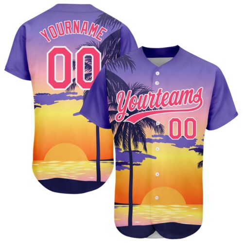 3DPattern2034 Custom Purple Neon Pink-White 3D Pattern Design Hawaii Palm Trees And Beach Sunrise Authentic Baseball Jersey