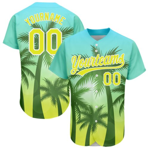 3DPattern2051 Custom Light Blue Neon Yellow-White 3D Pattern Design Hawaii Palm Trees Authentic Baseball Jersey