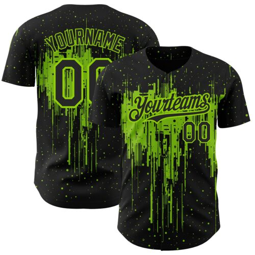 3DPattern2136 Custom Black Neon Green 3D Pattern Design Dripping Splatter Art Authentic Baseball Jersey