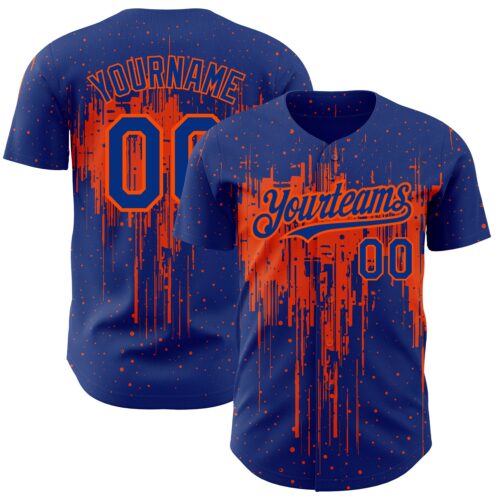 Custom Royal Orange 3D Pattern Design Dripping Splatter Art Authentic Baseball Jersey