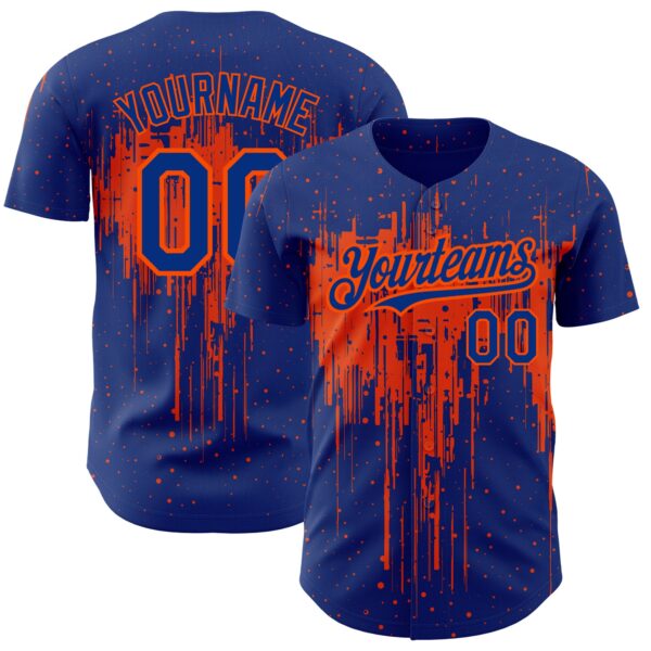 Custom Royal Orange 3D Pattern Design Dripping Splatter Art Authentic Baseball Jersey