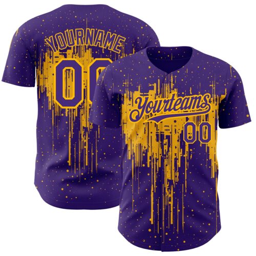 3DPattern2154 Custom Purple Gold 3D Pattern Design Dripping Splatter Art Authentic Baseball Jersey