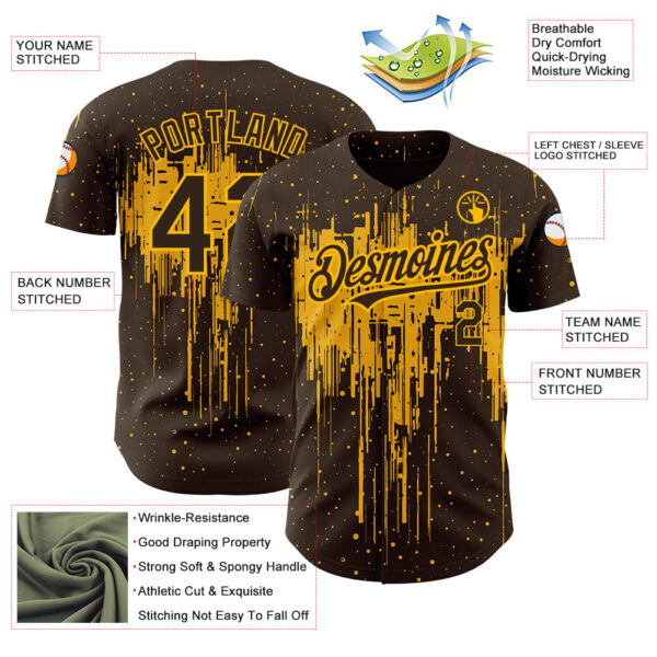 Custom Brown Gold 3D Pattern Design Dripping Splatter Art Authentic Baseball Jersey