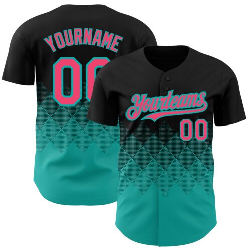 3DPattern2226 Custom Black Neon Pink-Aqua 3D Pattern Design Gradient Square Shapes Authentic Baseball Jersey