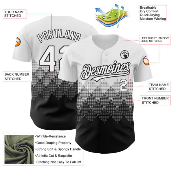 Custom White Black 3D Pattern Design Gradient Square Shapes Authentic Baseball Jersey
