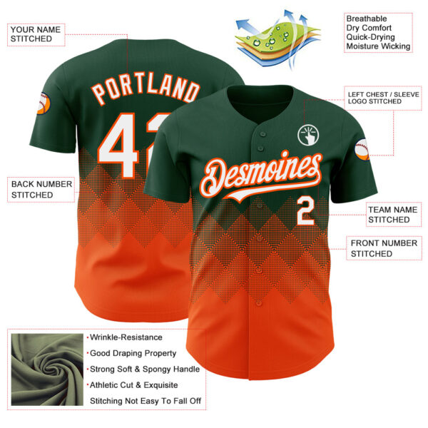 Custom Green White-Orange 3D Pattern Design Gradient Square Shapes Authentic Baseball Jersey