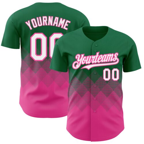 3DPattern2264 Custom Kelly Green White-Pink 3D Pattern Design Gradient Square Shapes Authentic Baseball Jersey