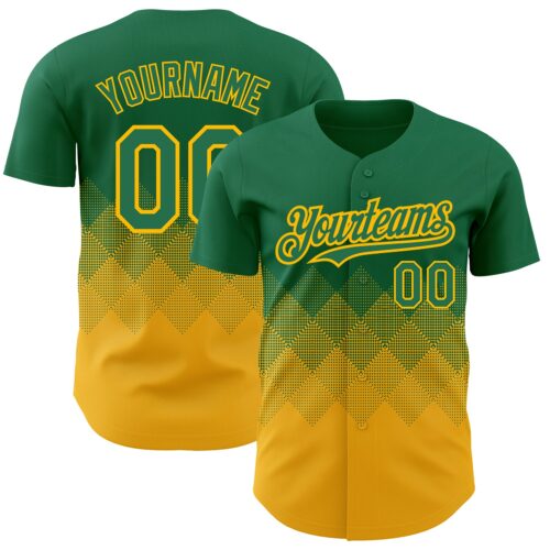 3DPattern2265 Custom Kelly Green Gold 3D Pattern Design Gradient Square Shapes Authentic Baseball Jersey