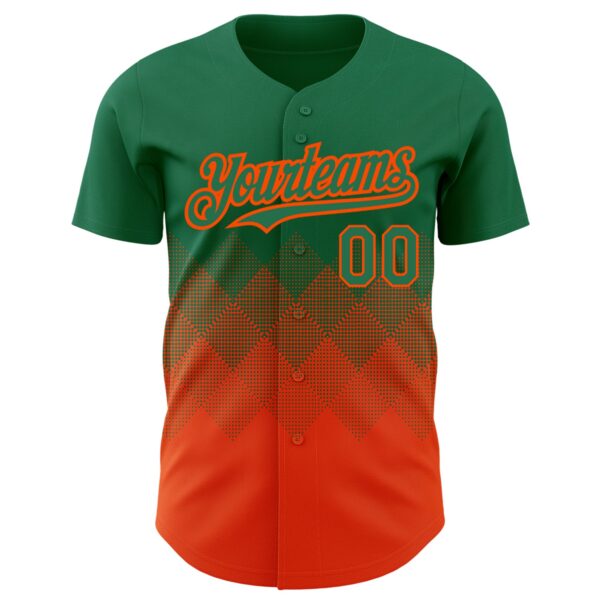 Custom Kelly Green Orange 3D Pattern Design Gradient Square Shapes Authentic Baseball Jersey