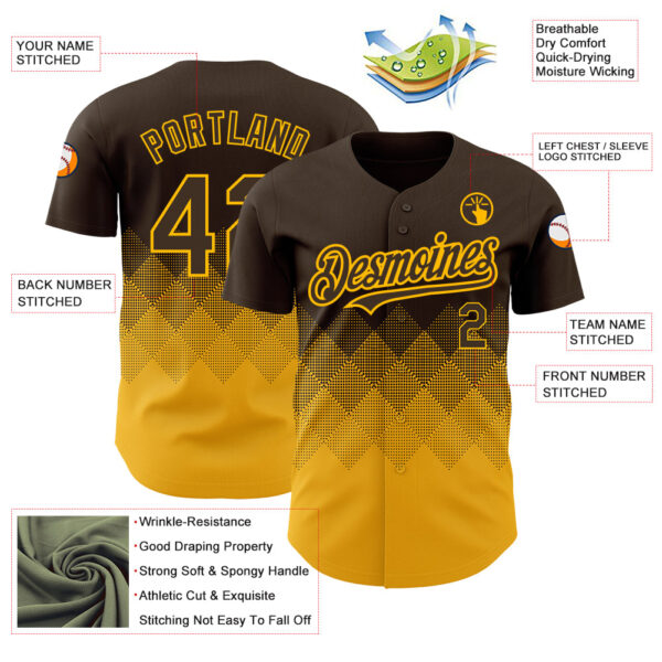 Custom Brown Gold 3D Pattern Design Gradient Square Shapes Authentic Baseball Jersey