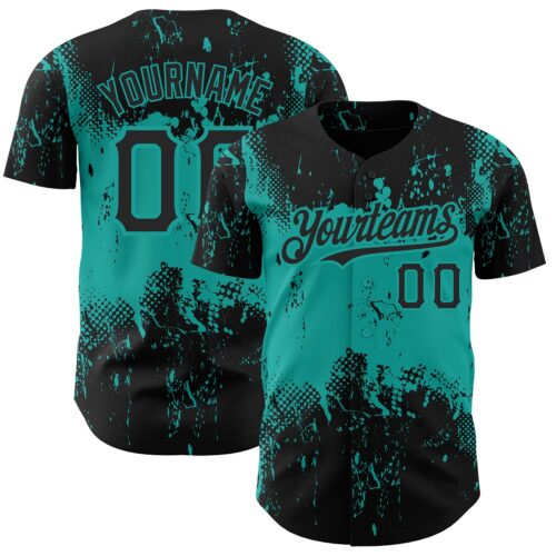 3DPattern2420 Custom Black Aqua 3D Pattern Design Abstract Splatter Grunge Art Authentic Baseball Jersey
