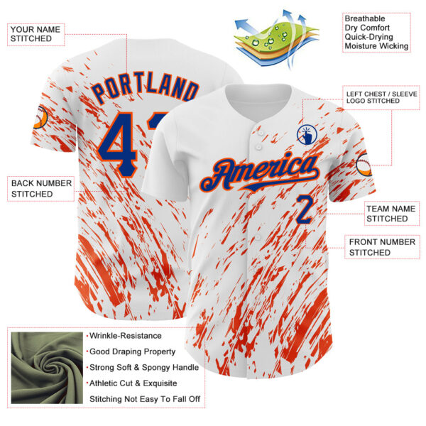 Custom White Royal-Orange 3D Pattern Design Abstract Splash Authentic Baseball Jersey