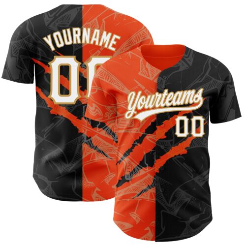 3DPattern2540 Custom Graffiti Pattern Black Orange-Old Gold 3D Scratch Authentic Baseball Jersey