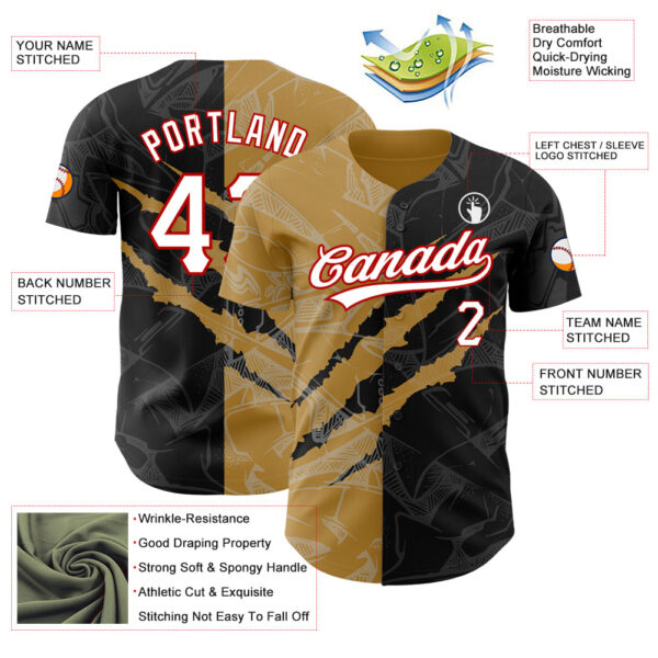 Custom Graffiti Pattern Black Old Gold-Red 3D Scratch Authentic Baseball Jersey