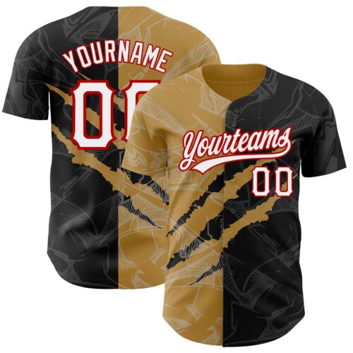3DPattern2542 Custom Graffiti Pattern Black Old Gold-Red 3D Scratch Authentic Baseball Jersey