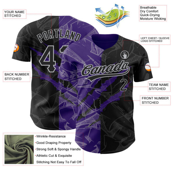 Custom Graffiti Pattern Black Purple-Gray 3D Scratch Authentic Baseball Jersey