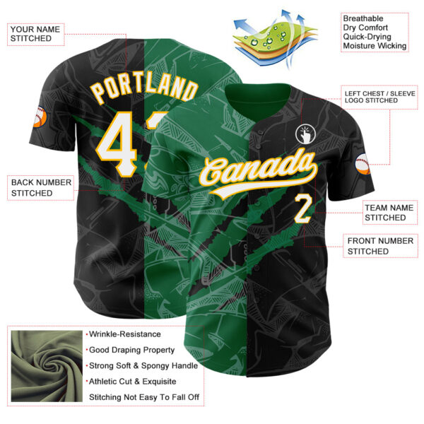 Custom Graffiti Pattern Black Kelly Green-Gold 3D Scratch Authentic Baseball Jersey
