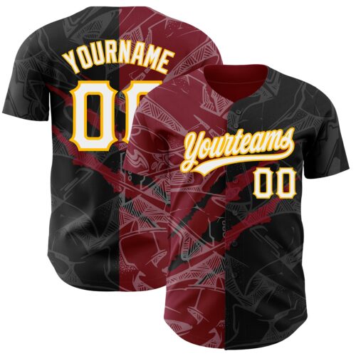 3DPattern2551 Custom Graffiti Pattern Black Crimson-Gold 3D Scratch Authentic Baseball Jersey