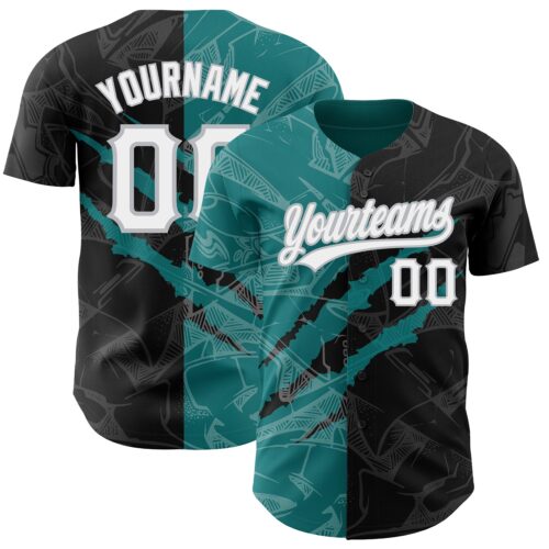 3DPattern2553 Custom Graffiti Pattern Black Teal-Gray 3D Scratch Authentic Baseball Jersey