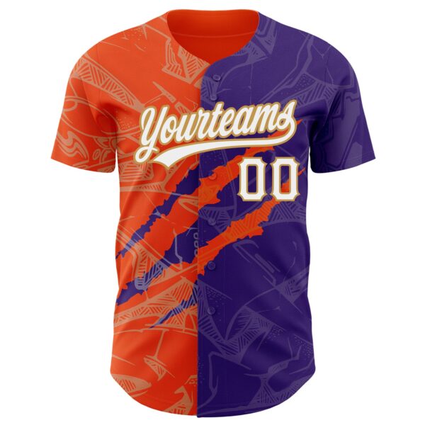 Custom Graffiti Pattern Purple Orange-Old Gold 3D Scratch Authentic Baseball Jersey