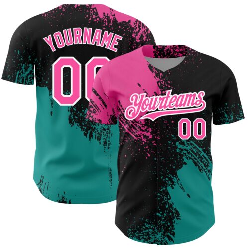 3DPattern2643 Custom Black Pink-Teal 3D Pattern Design Abstract Brush Stroke Authentic Baseball Jersey