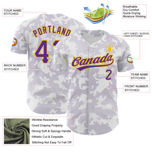 Custom White Purple-Gold 3D Pattern Design Curve Lines Authentic Baseball Jersey