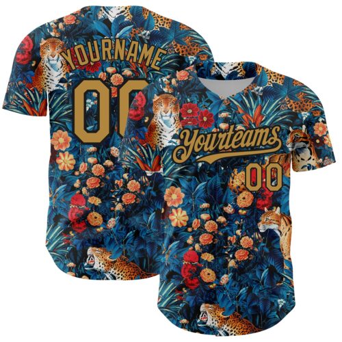 3DPattern2899 Custom Royal Old Gold-Black 3D Pattern Design Northeast China Big Flower And Leopard Authentic Baseball Jersey