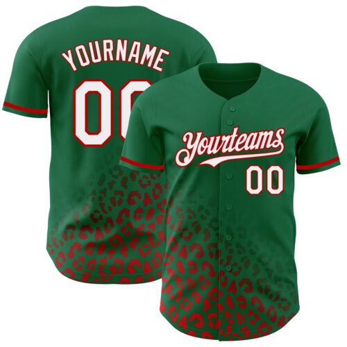 3DPattern2982 Custom Kelly Green White-Red 3D Pattern Design Leopard Print Fade Fashion Authentic Baseball Jersey