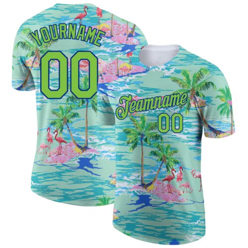3DPattern3004 Custom Lakes Blue Neon Green-Navy 3D Pattern Design Beach Hawaii Palm Trees And Flamingo Performance T-Shirt