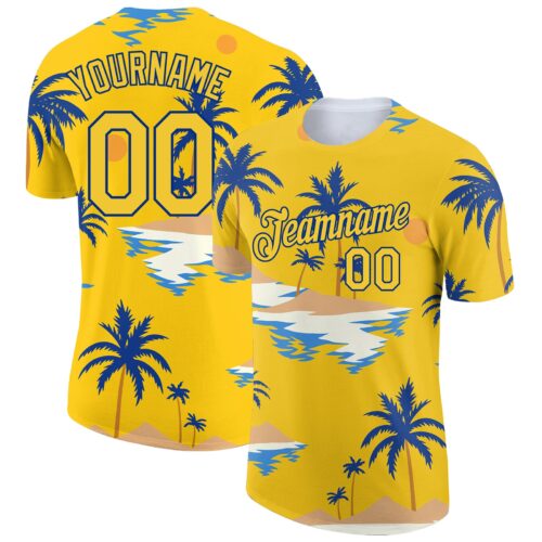 3DPattern3007 Custom Yellow Royal 3D Pattern Design Sun Beach Hawaii Palm Trees Performance T-Shirt